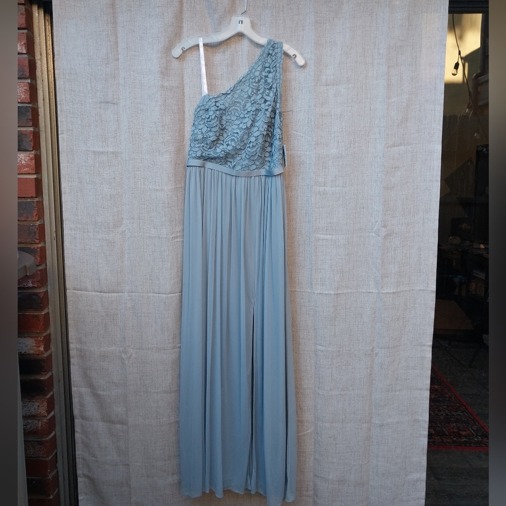 David's Bridal One-Shoulder Lace DustyBlue Gown